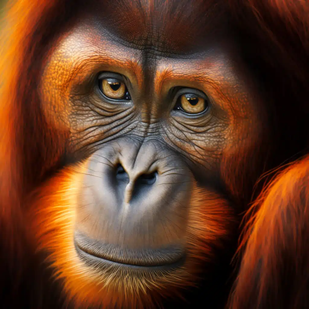Orang-outan roux accroché à une branche dans la forêt de Bornéo