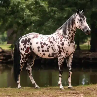 Appaloosa à robe blanche mouchetée de taches sombres, dans une carrière
