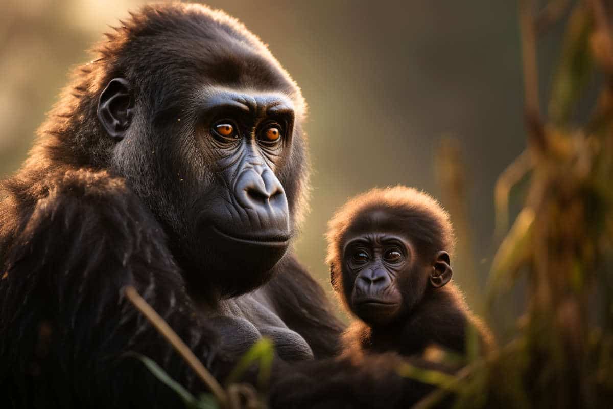 Un gorille adulte assis dans la végétation dense d'une forêt de montagne