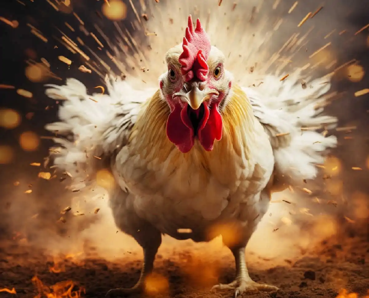 Une poule rousse au plumage ébouriffé, bec ouvert, dans un enclos de jardin