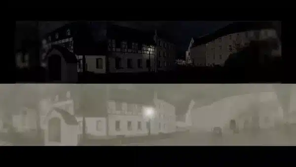 Comparaison d'une scène nocturne telle que la voit un humain puis un chat