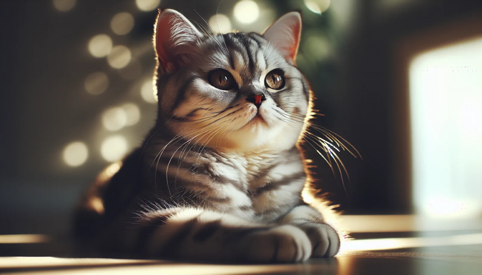 American Shorthair tigré argenté allongé sur un parquet clair