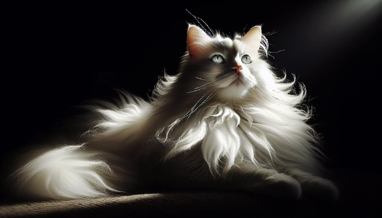 Angora turc blanc à poil mi-long, allongé et regardant vers l'objectif