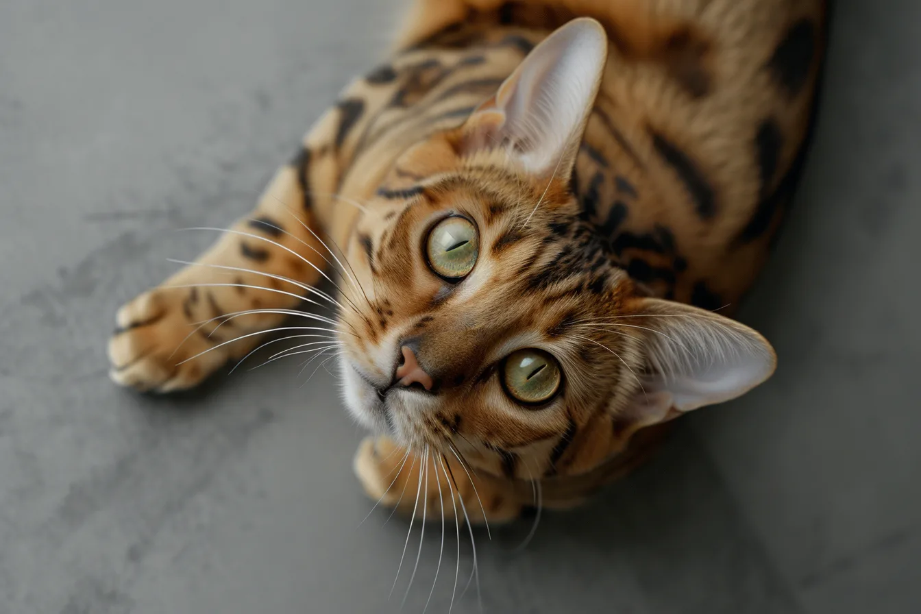 Chat Bengal à la robe tachetée, debout sur un rebord, gueule ouverte