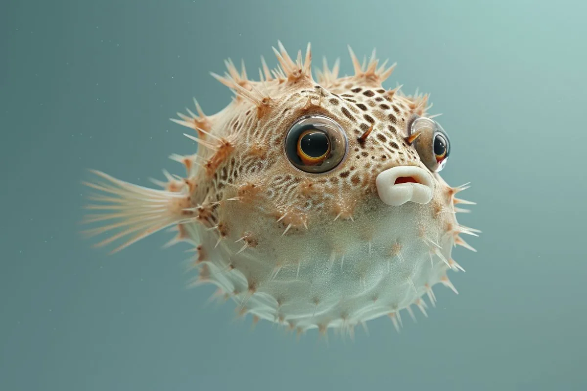 Poisson-globe gonfle sous l'eau, corps arrondi et nageoires pectorales dressees