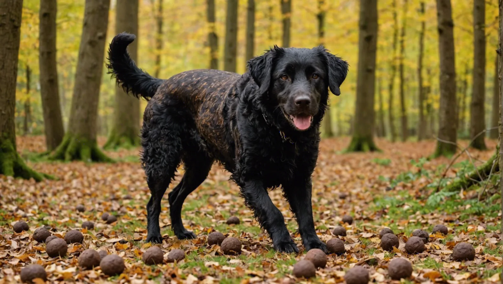 Chien au poil bouclé qui gratte le sol d'une truffière sous des chênes