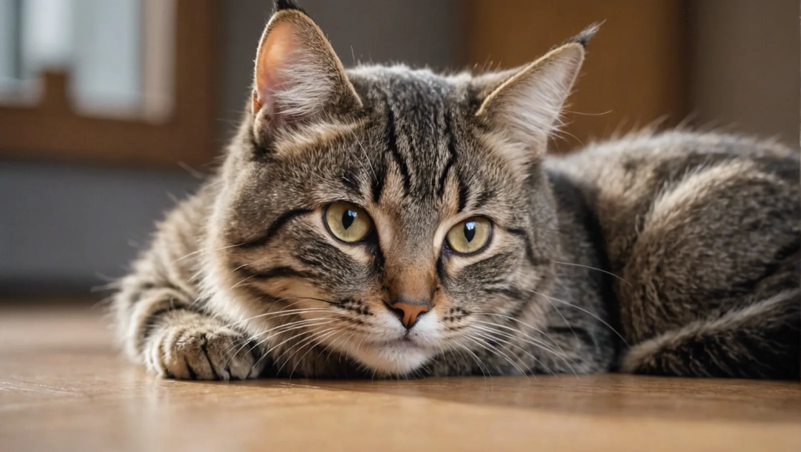 Un chat tigré allongé sur un plaid, les yeux mi-clos, dans une pièce calme
