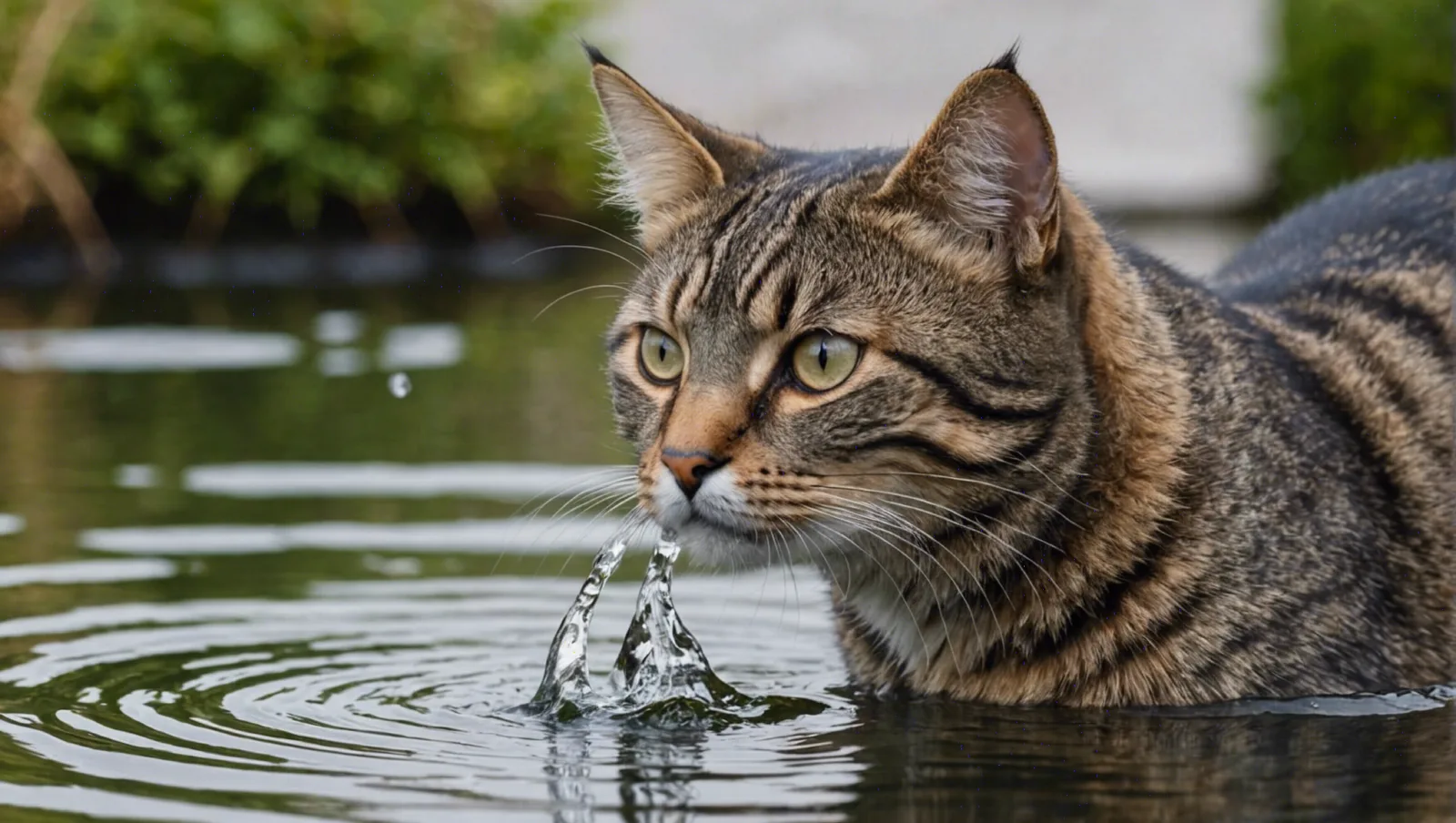 Chat penché sur une gamelle, patte avant posée à la surface de l'eau