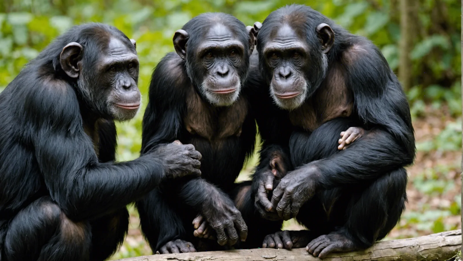 Un chimpanzé adulte assis au sol, la main posée sur le visage, en sous-bois