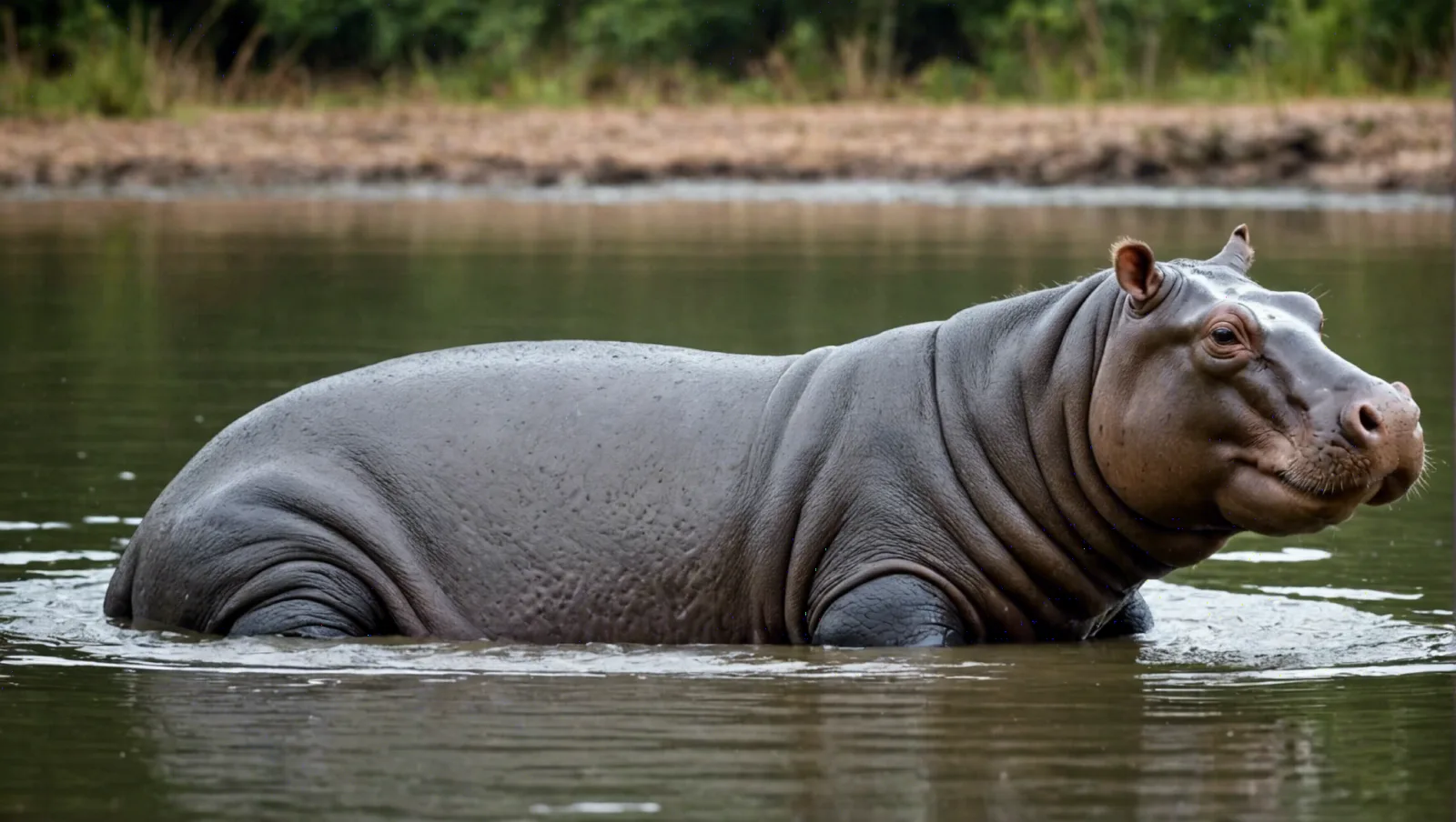 Un hippopotame pygmée debout au bord d'un point d'eau, entouré de végétation
