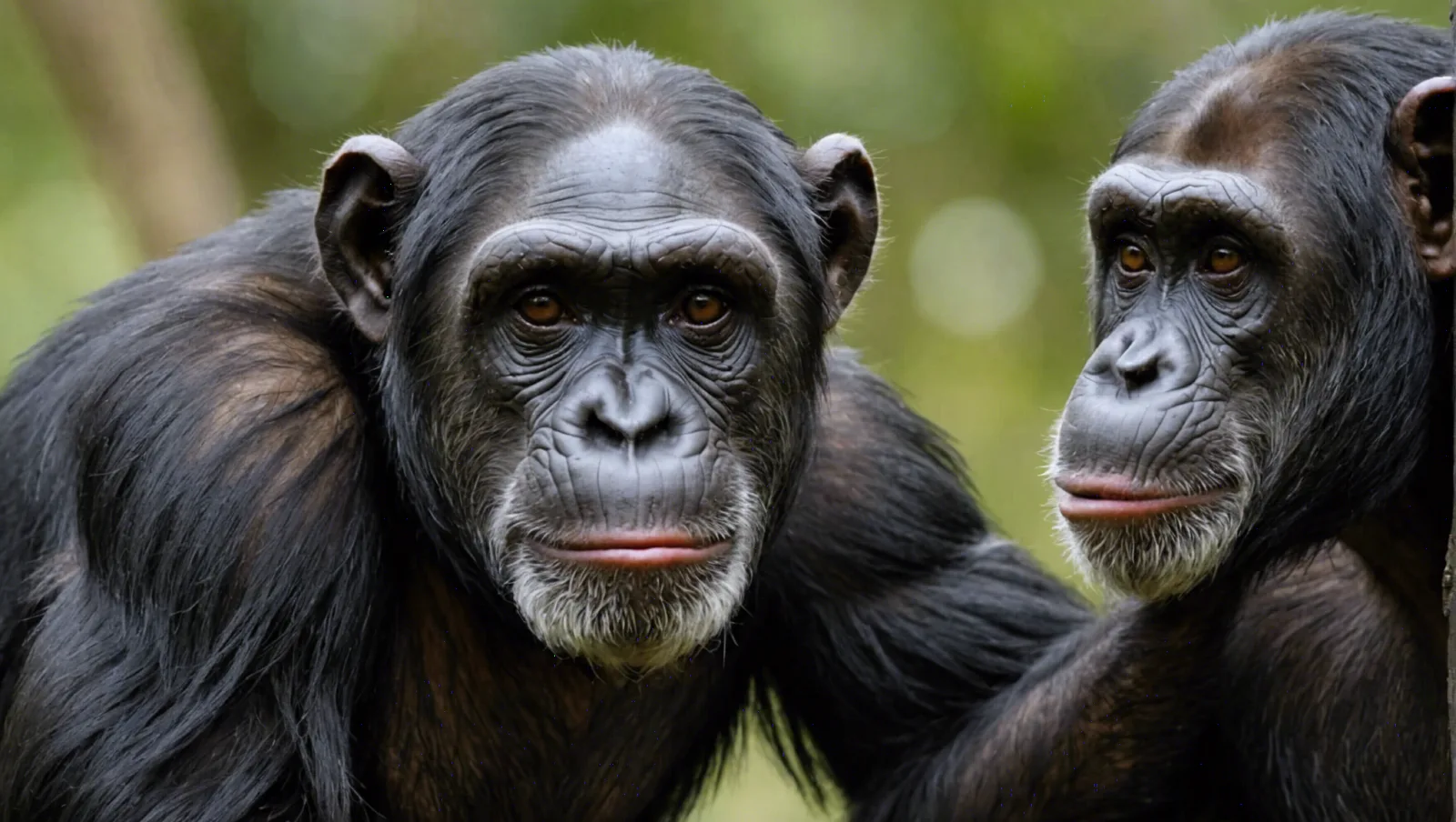 Chimpanzé adulte assis sur une branche, le regard tourné vers l'objectif
