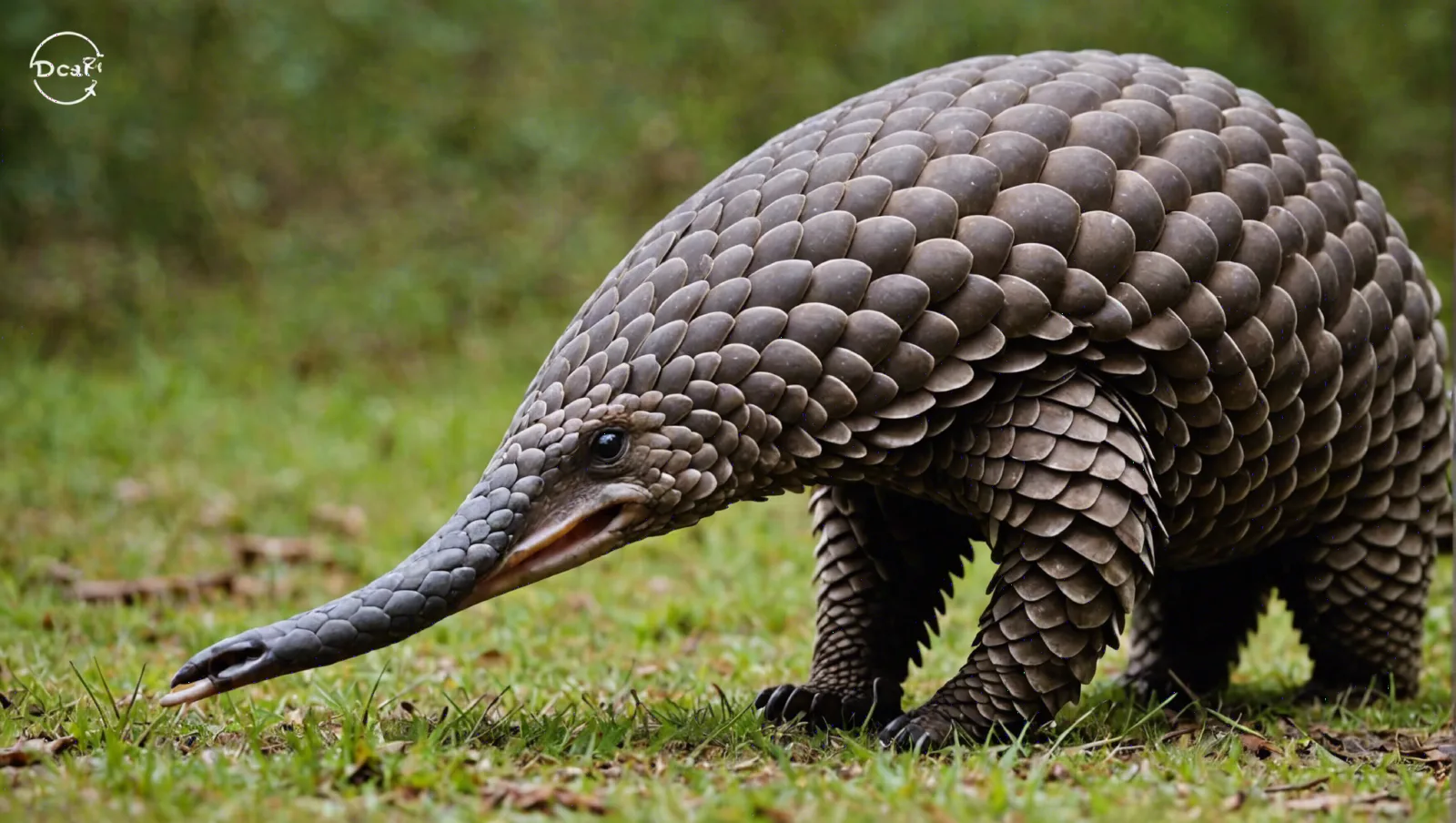 Pangolin couvert d'écailles brunes imbriquées, museau au ras du sol