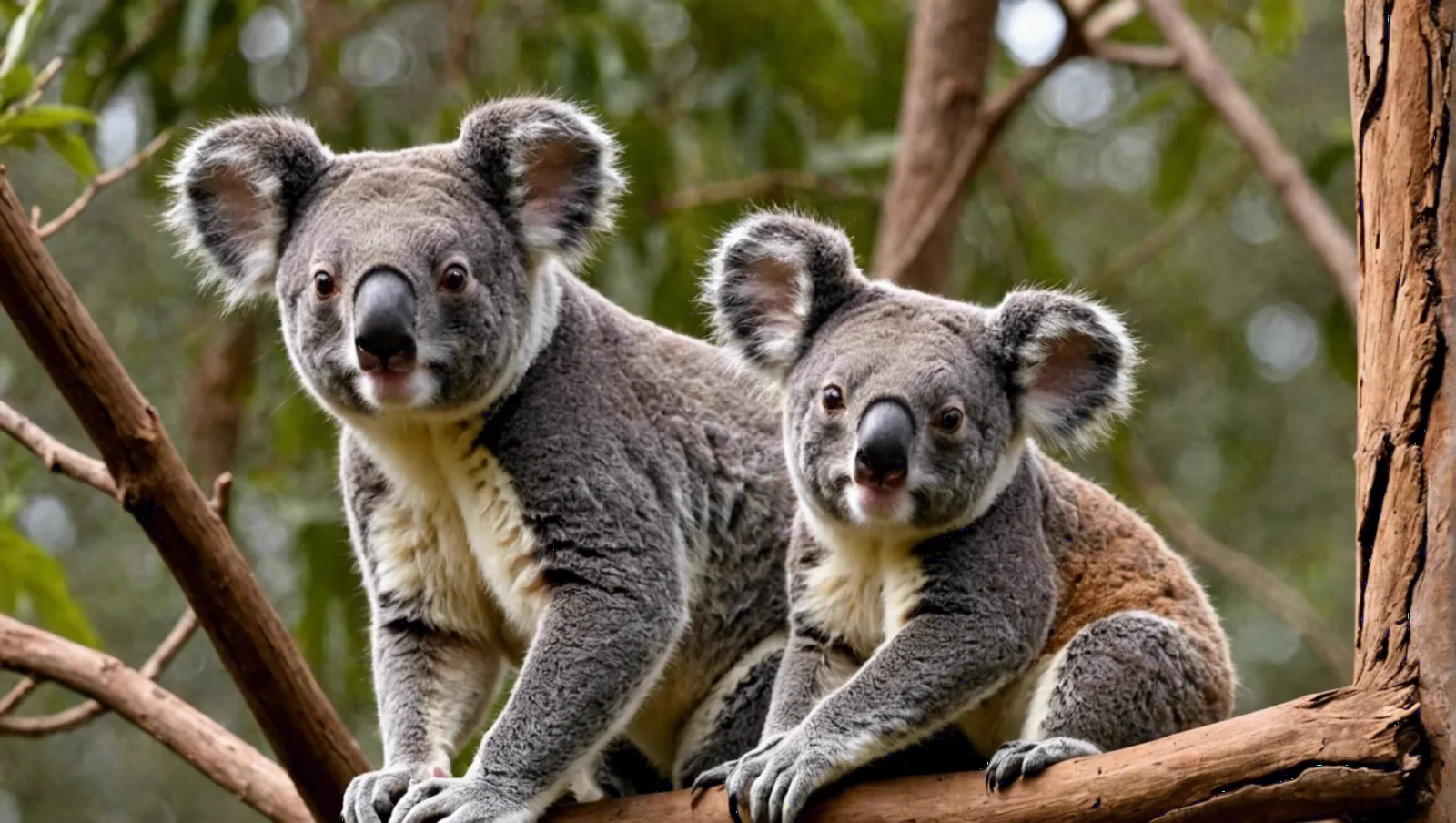 Kangourou roux dressé dans une plaine sèche, koala accroché à un eucalyptus