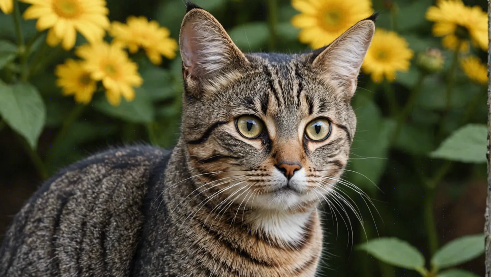 Chat tigré couché sur le flanc, les pattes repliées, qui regarde vers l'objectif