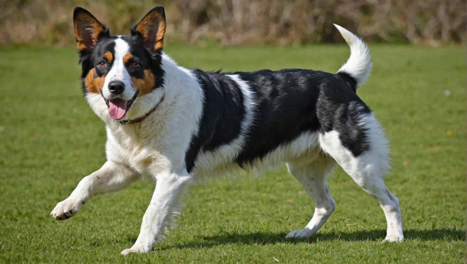 Berger australien merle aux yeux clairs couché dans l'herbe, oreilles dressées