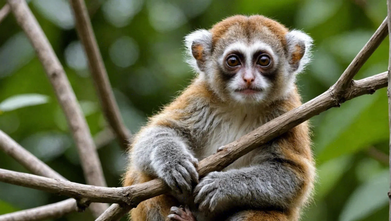 Un loris lent agrippé à une branche, les yeux ronds tournés vers l'objectif