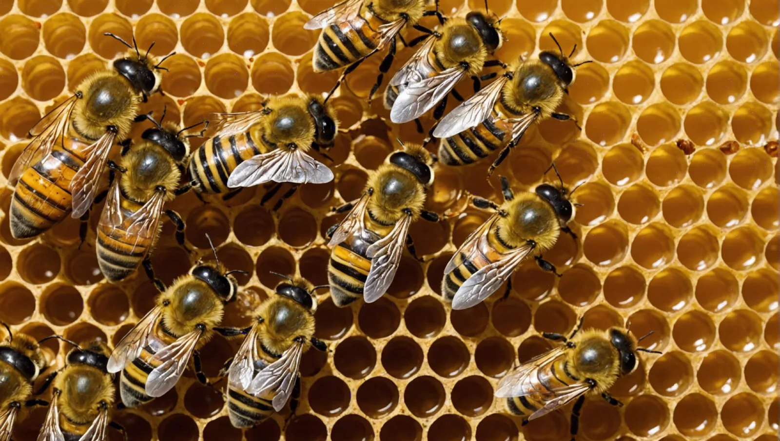 Abeilles sur un rayon de cire dont les alvéoles sont remplies de miel doré