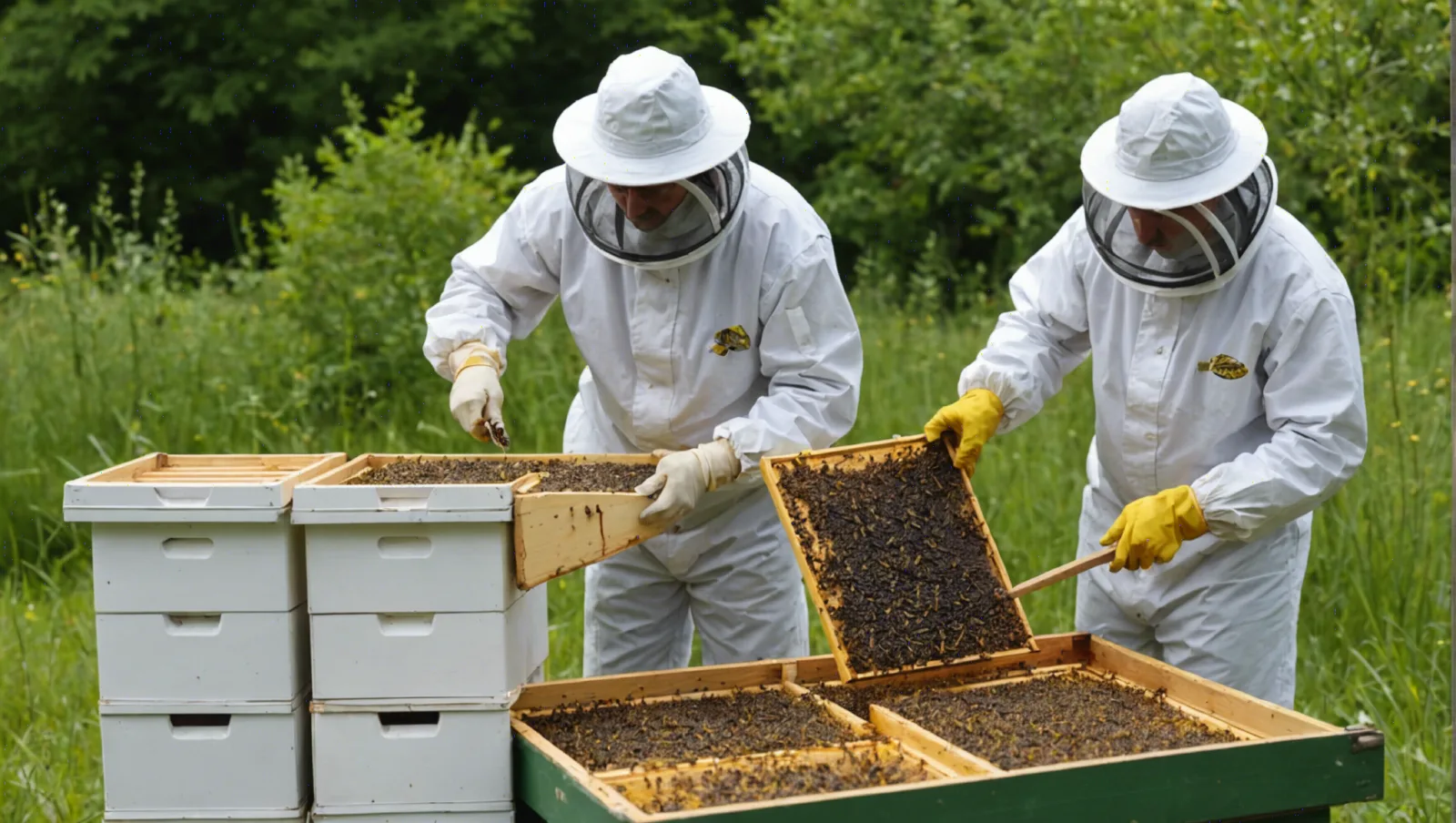 Abeille posée sur un rayon de cire, au milieu d'alvéoles remplies de miel