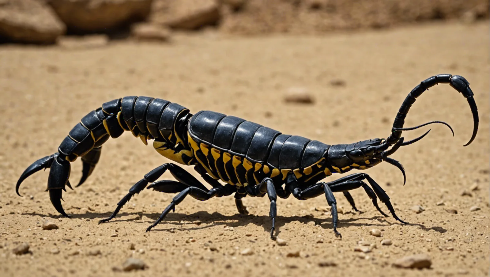 Scorpion posé sur une pierre, queue repliée au-dessus du corps, pinces ouvertes