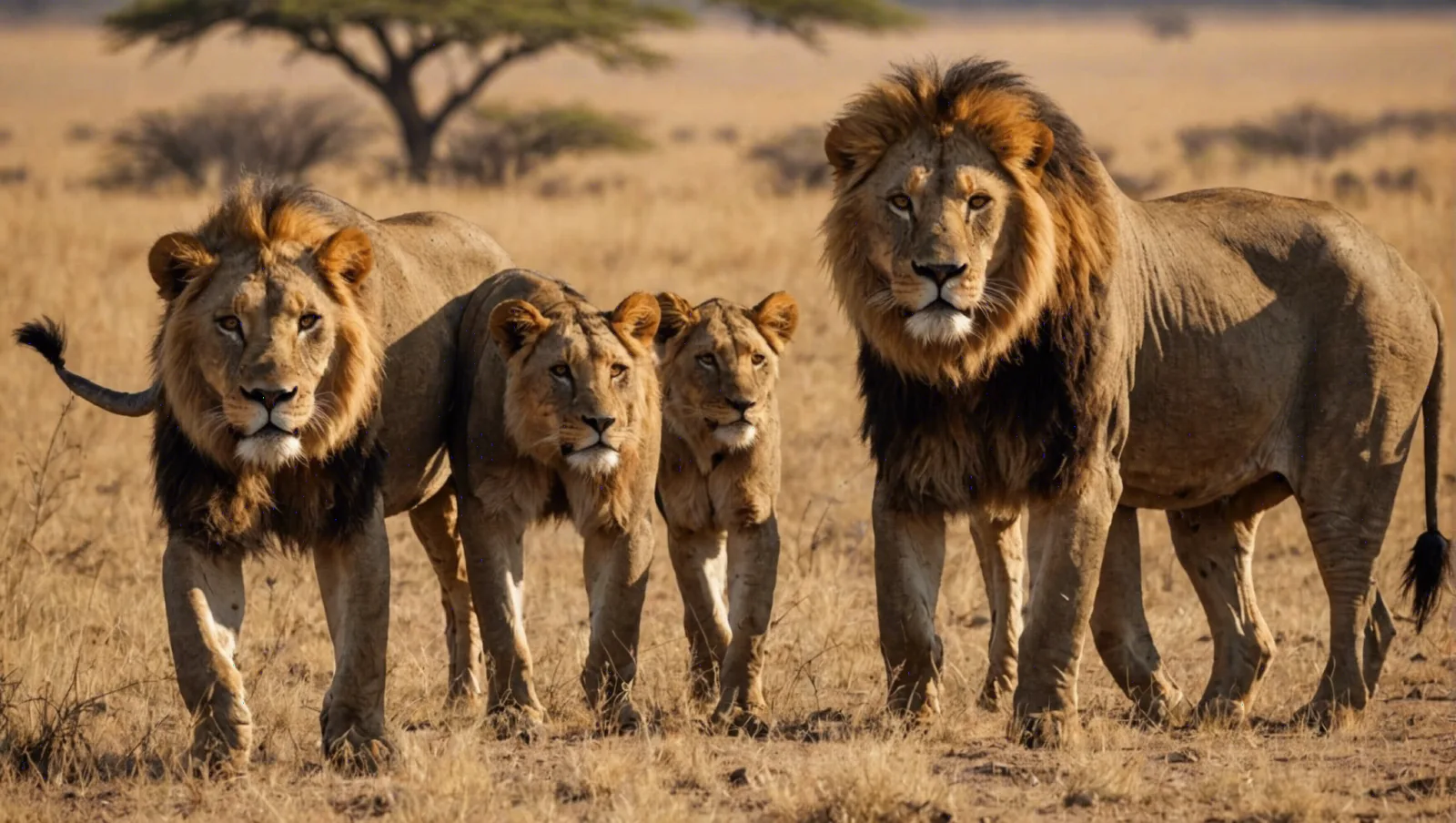 Lion à crinière sombre couché dans les hautes herbes sèches de la savane