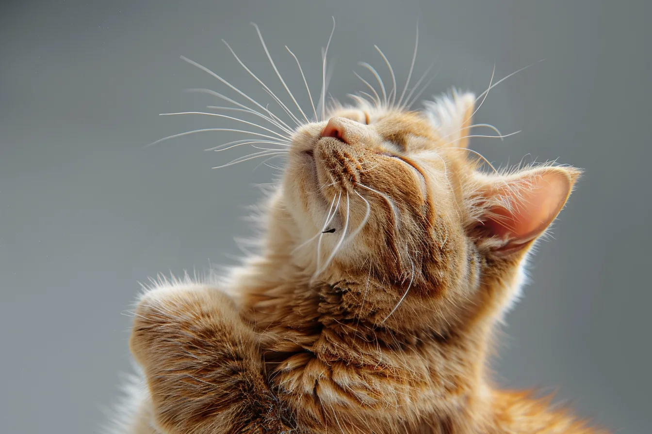 Chat en train de se gratter vigoureusement le cou avec la patte arrière