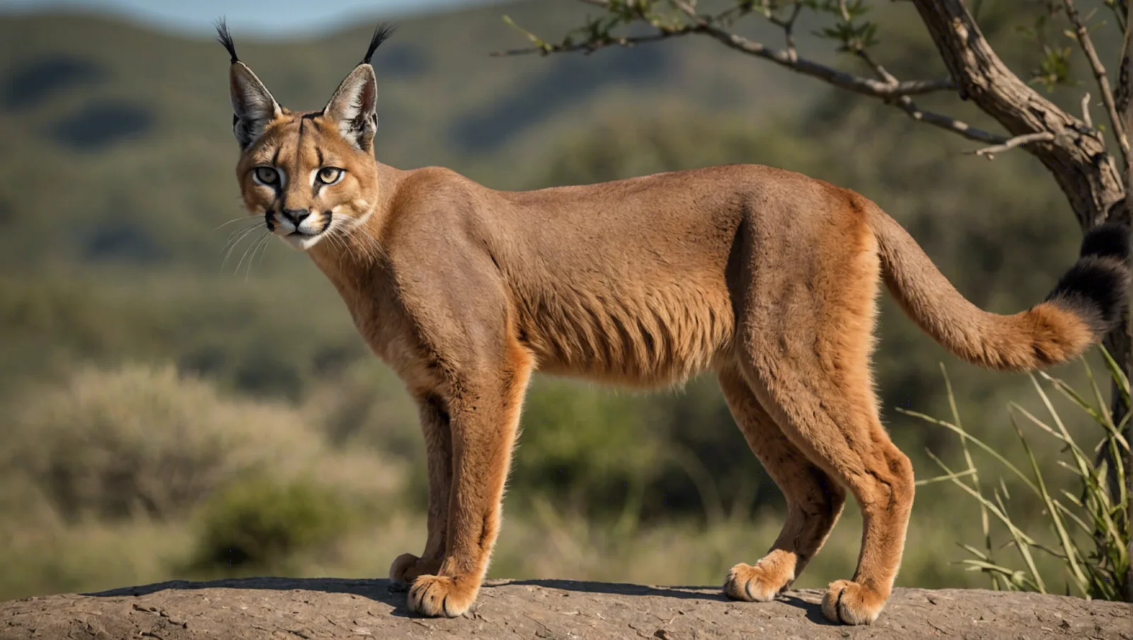 Caracal au pelage sable, oreilles dressées terminées par de longues touffes noires