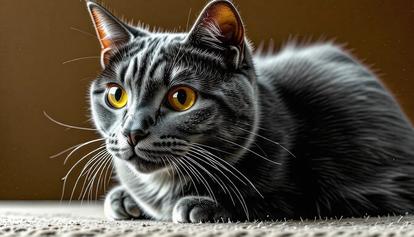 Chat chartreux au pelage bleu-gris et aux yeux cuivrés, assis de trois quarts