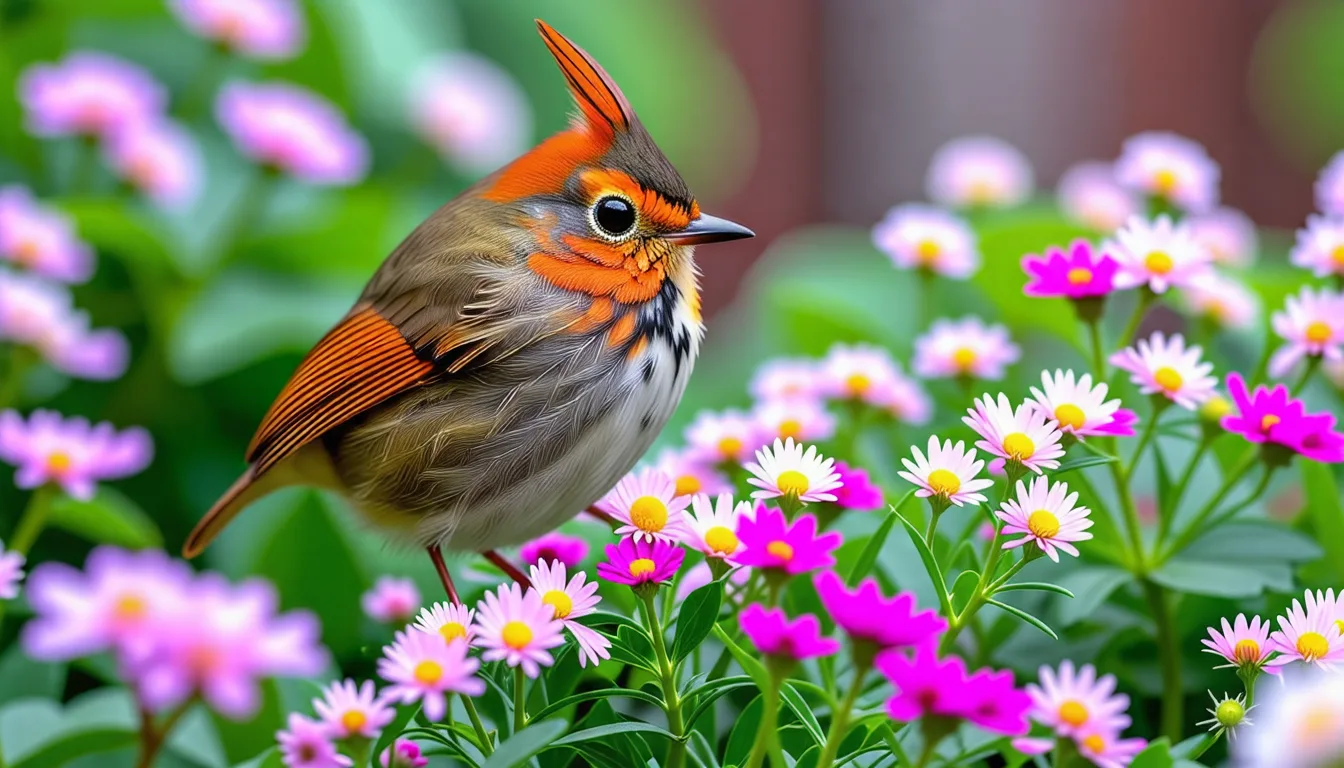 Mésange posée au bord d'une coupelle d'eau dans un jardin fleuri