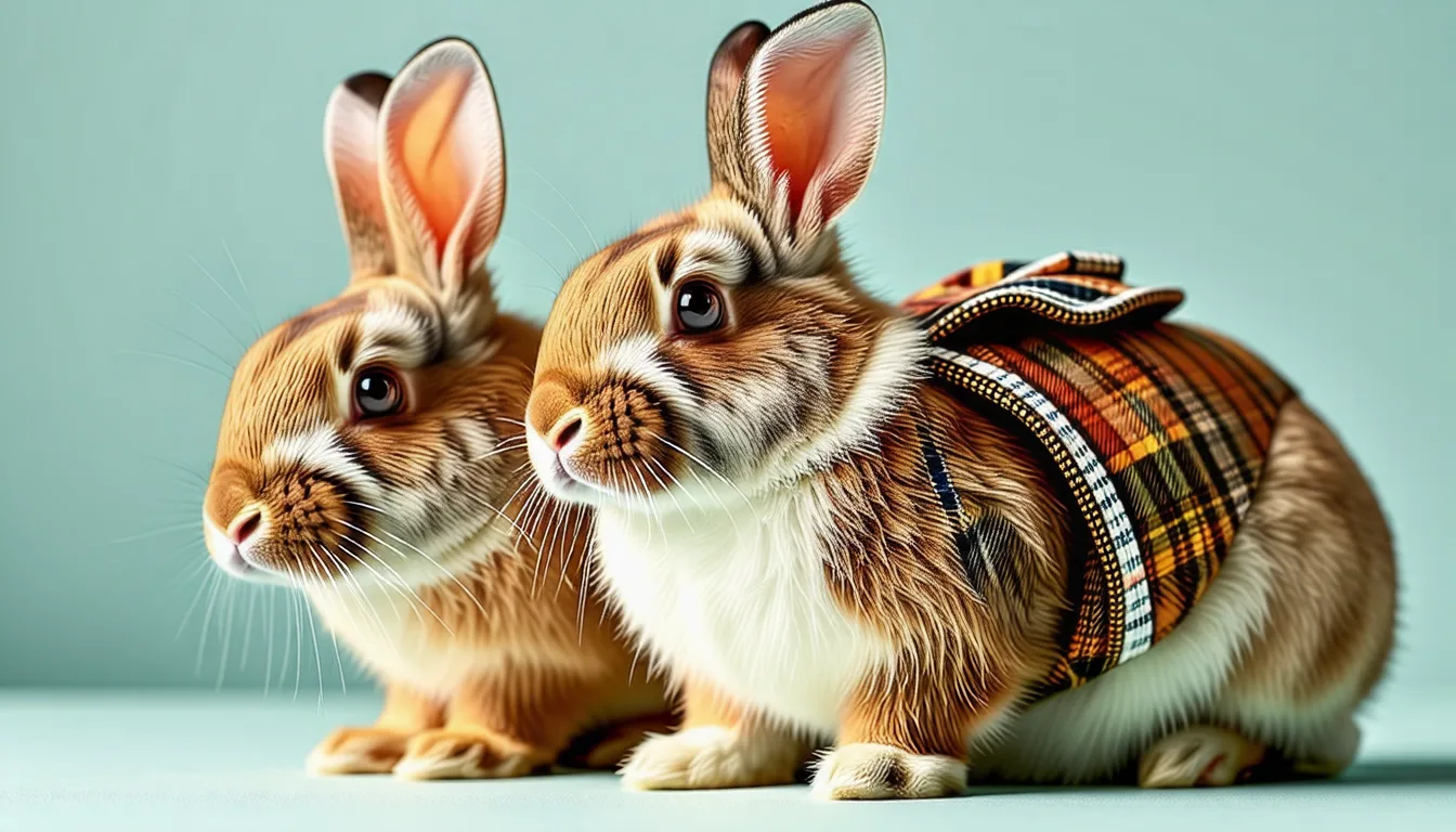Lapin nain assis sur une couverture, vêtu d'un petit gilet en tissu