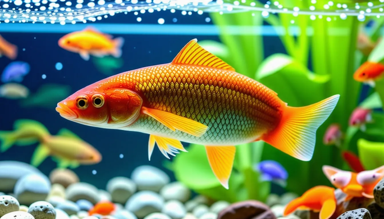 Poissons tropicaux remontant vers la surface d'un aquarium planté au moment du repas