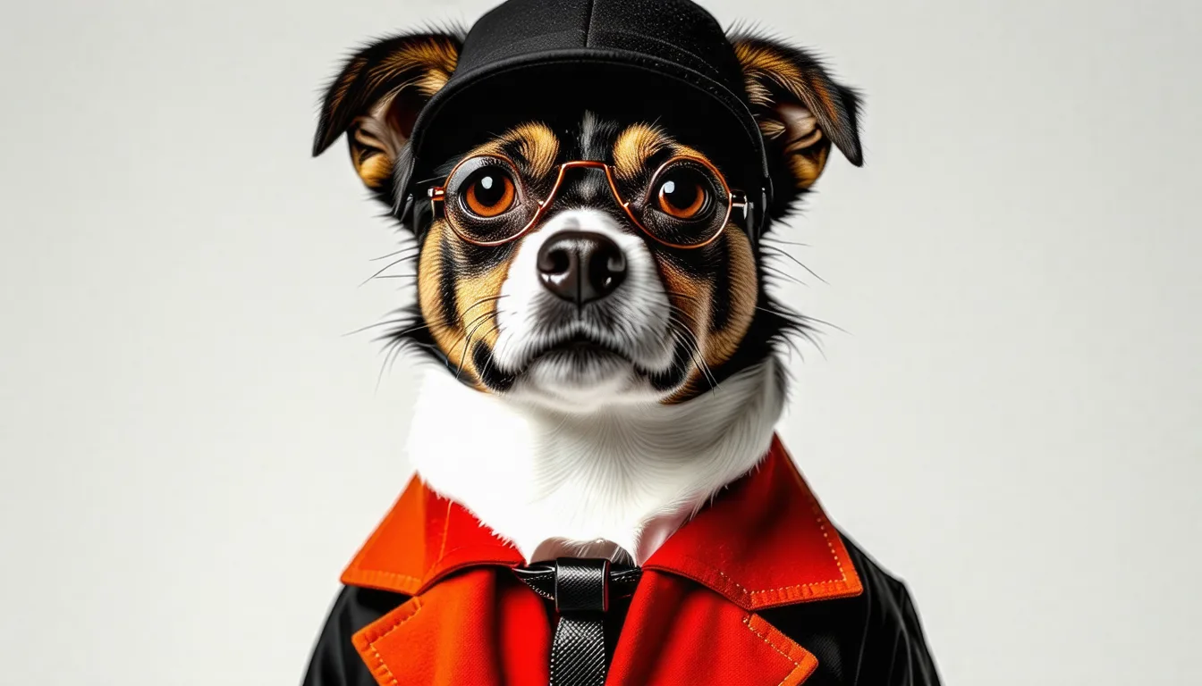 Chien assis portant un costume de fête, oreilles baissées, dans un salon décoré