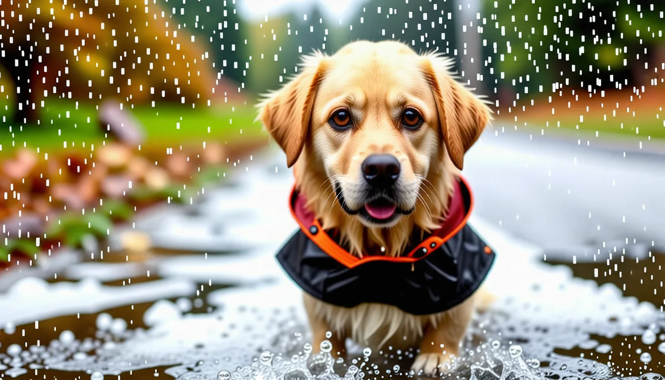Chien de petite taille portant un manteau imperméable sous la pluie, sangle ventrale visible