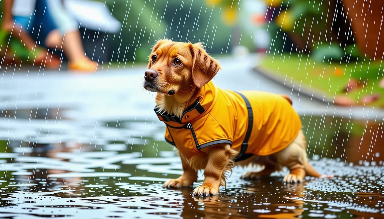 Chien marchant sous la pluie vêtu d'un imperméable couvrant le dos et les flancs