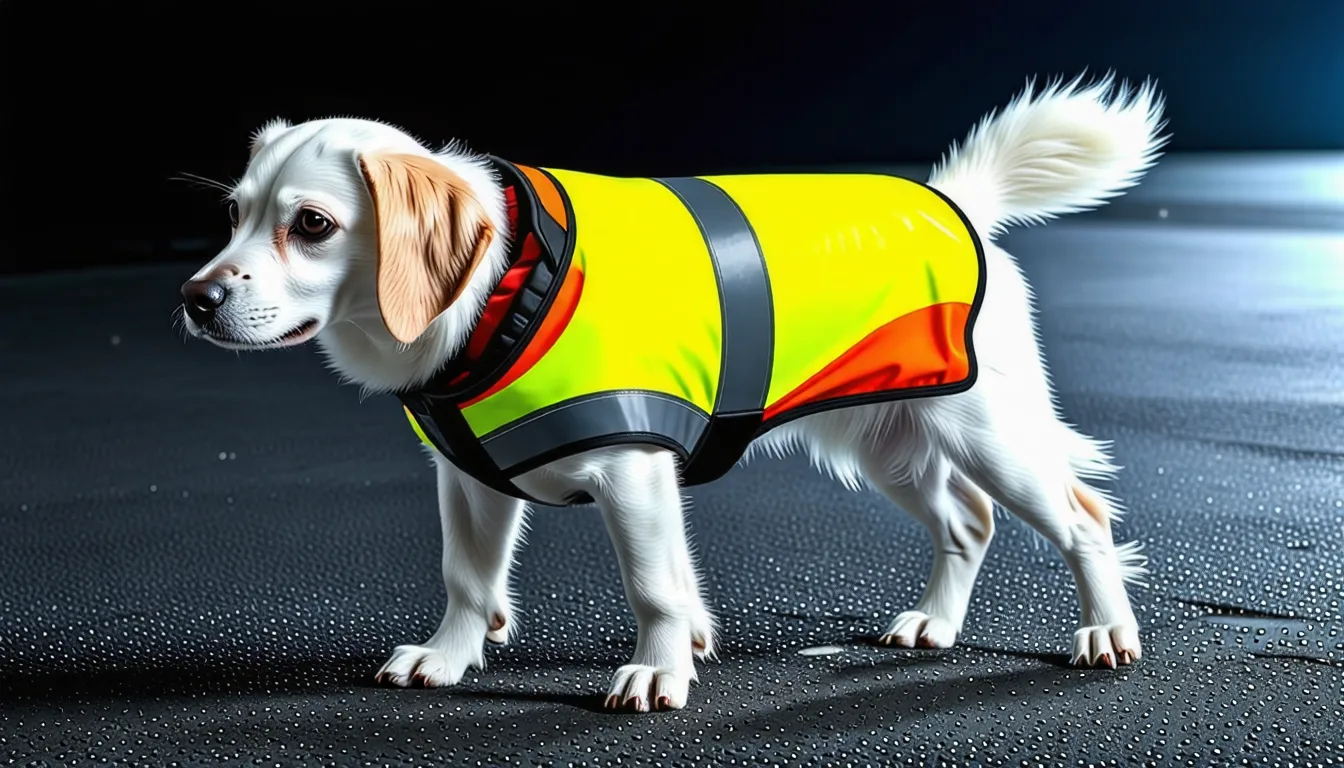 Chien portant un manteau à bandes réfléchissantes lors d'une promenade nocturne