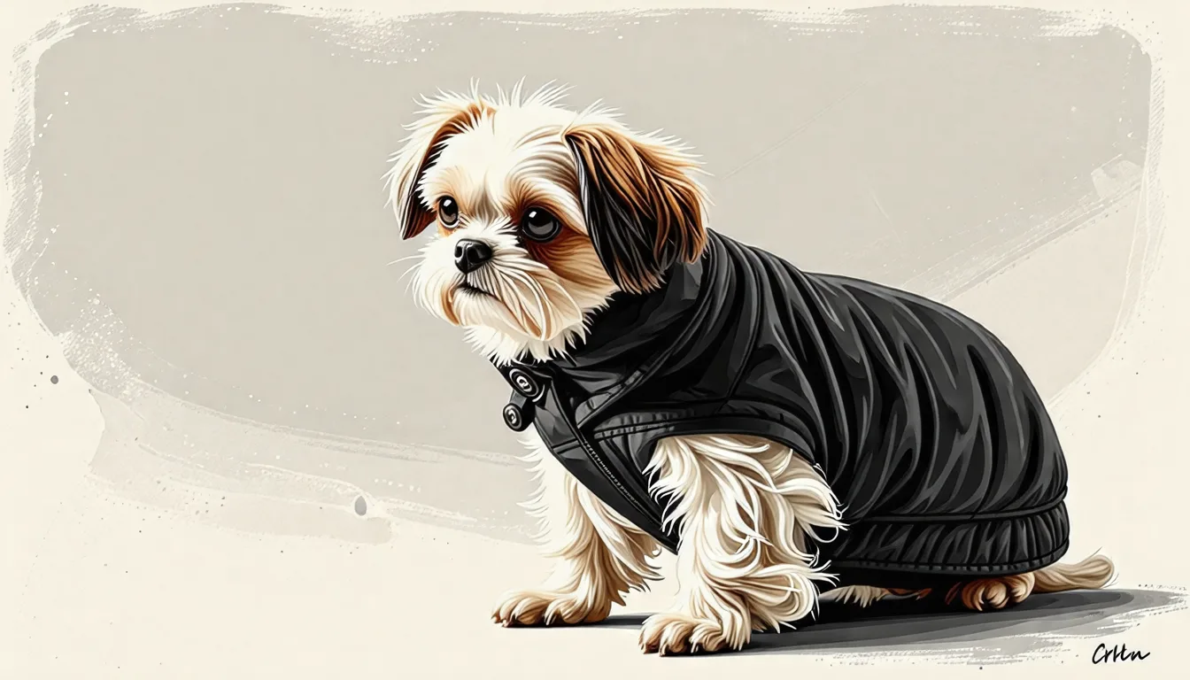 Petit chien à poil court portant un manteau ajusté avec sangle ventrale, assis sur un trottoir