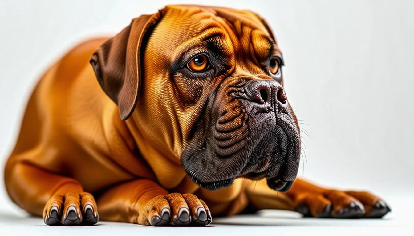 Dogue de Bordeaux fauve assis, tête large et ridée, museau court et sombre