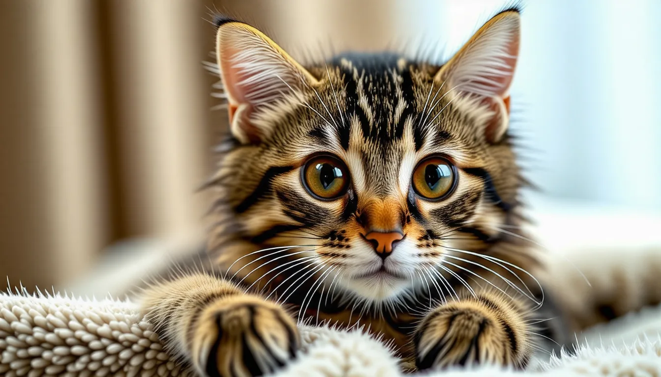 Chat domestique tigré assis, regardant l'objectif dans une pièce claire