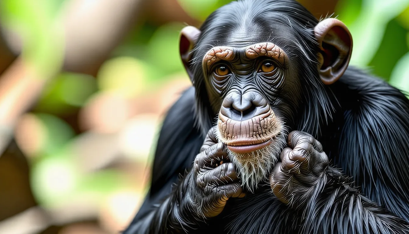 Chimpanzé adulte assis, le regard tourné vers l'objectif, dans une végétation dense