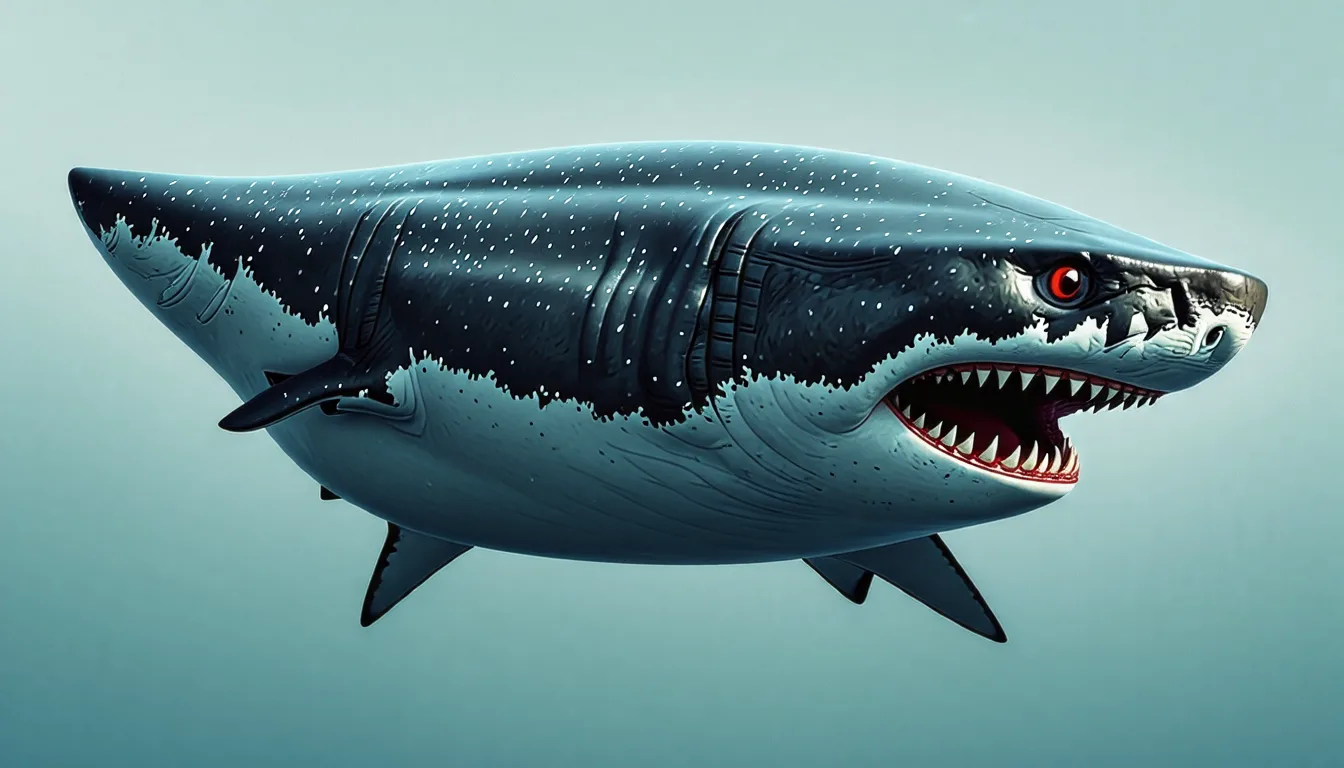 Reconstitution de trois requins préhistoriques nageant dans un océan sombre