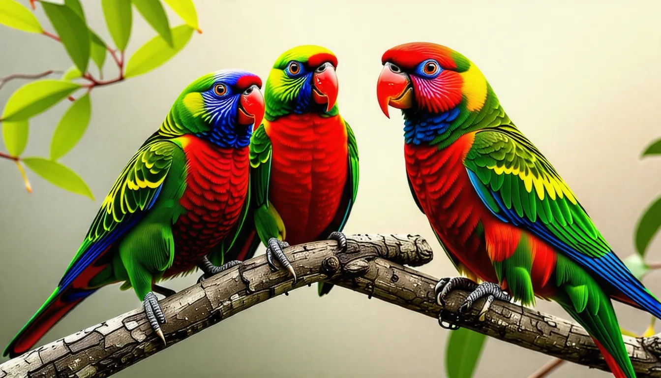 Deux loriquets colorés serrés l'un contre l'autre sur une branche d'eucalyptus