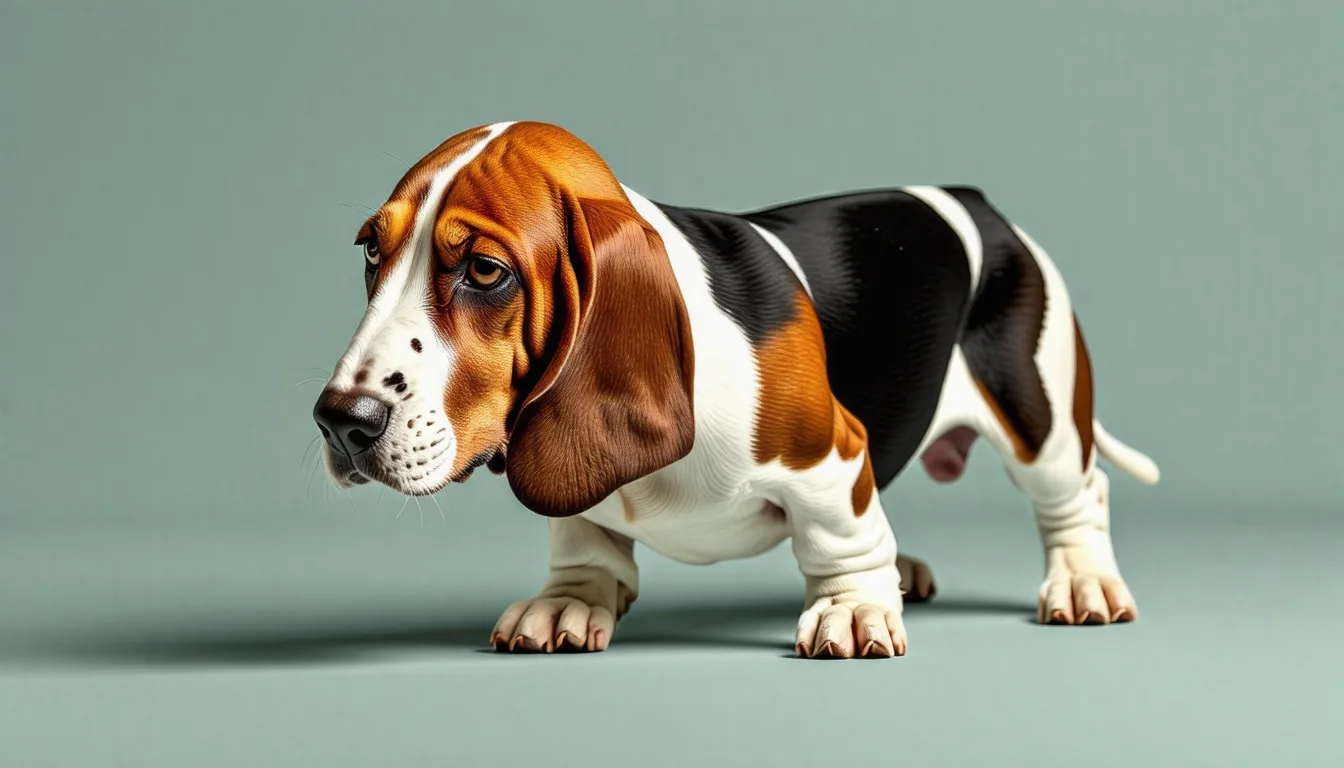 Basset Hound tricolore de profil, oreilles longues et pattes courtes, sur une pelouse
