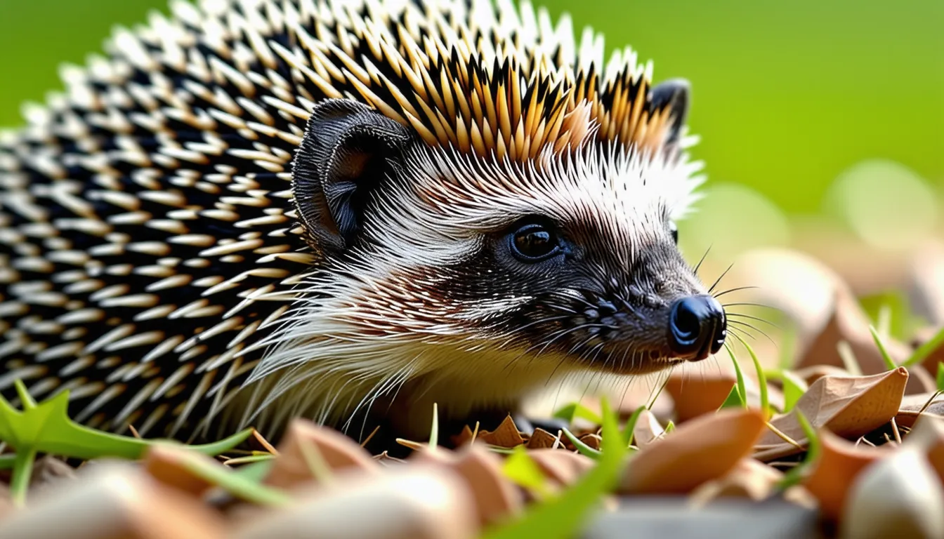 Un hérisson en boule dans l'herbe d'un jardin, au crépuscule