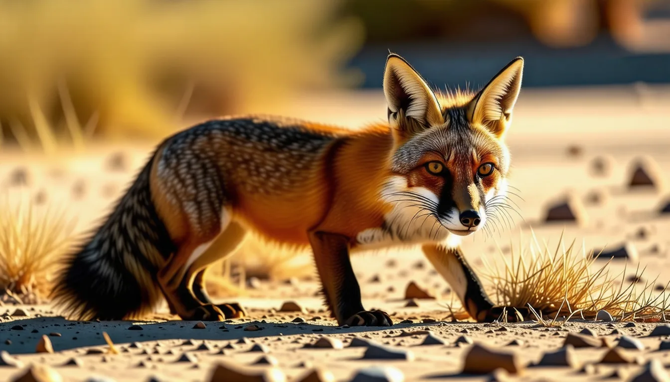 Fennec aux grandes oreilles dressées, assis sur le sable en fin de journée