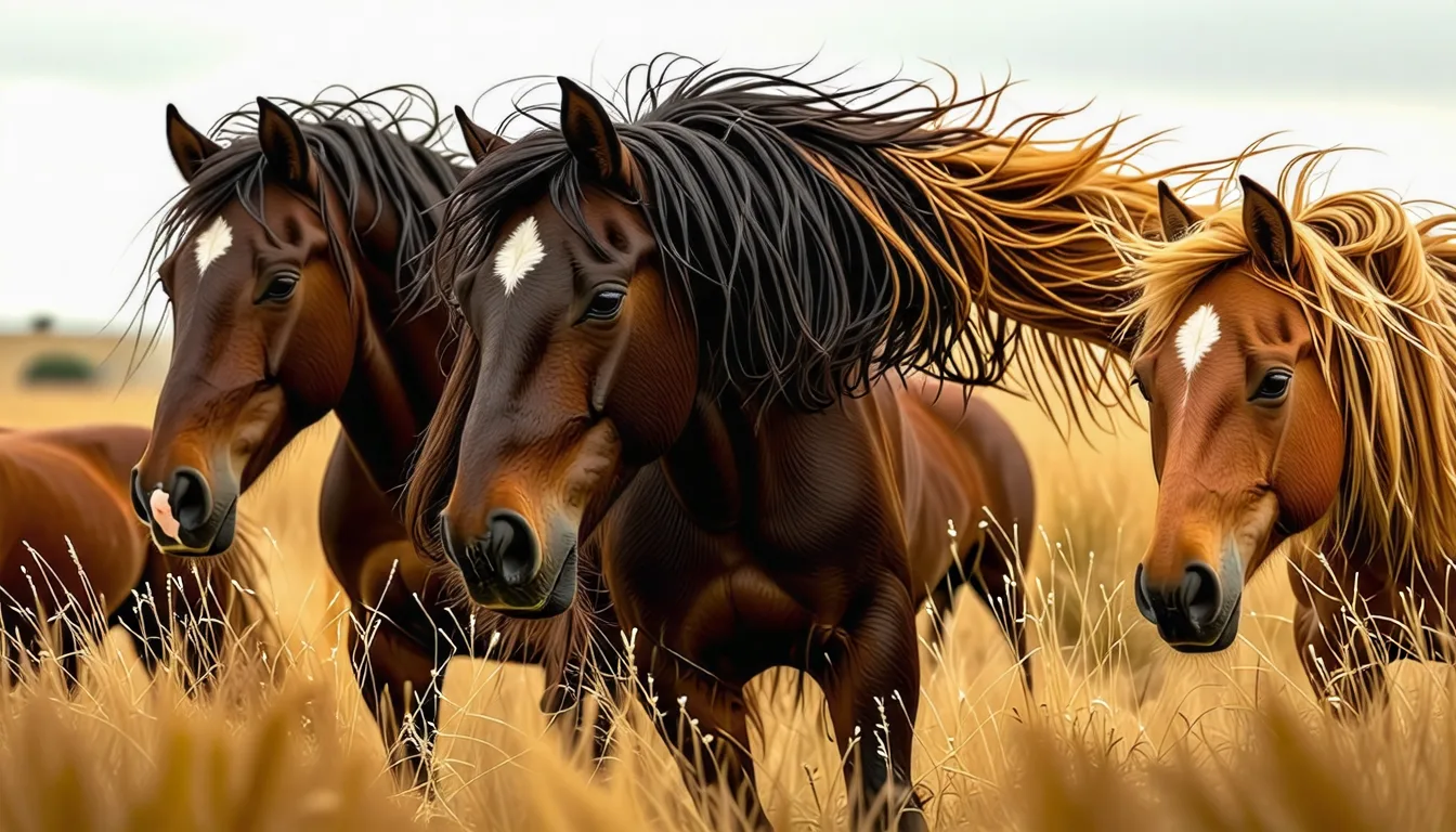 Petits chevaux trapus broutant dans une prairie ouverte sous un ciel dégagé