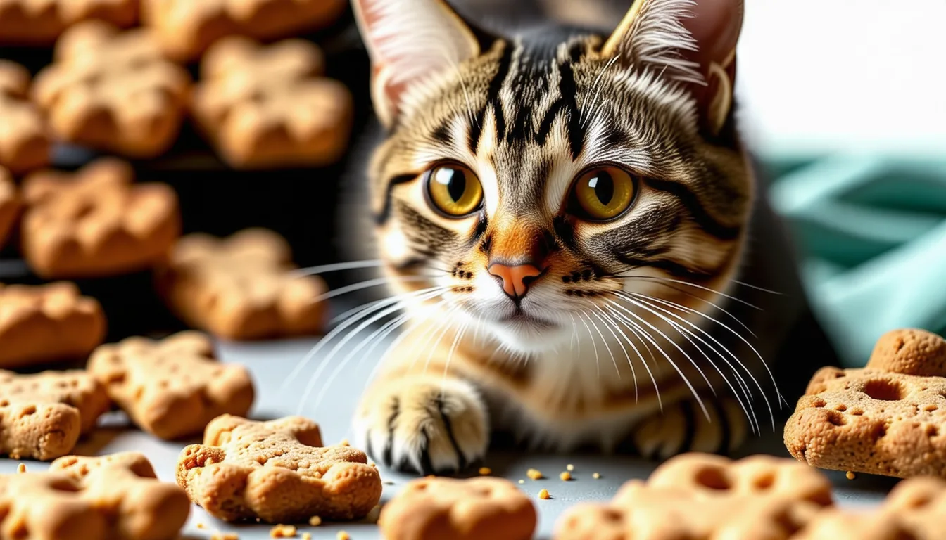 Petites bouchées maison au poisson disposées sur une plaque, à côté d'un chat attentif