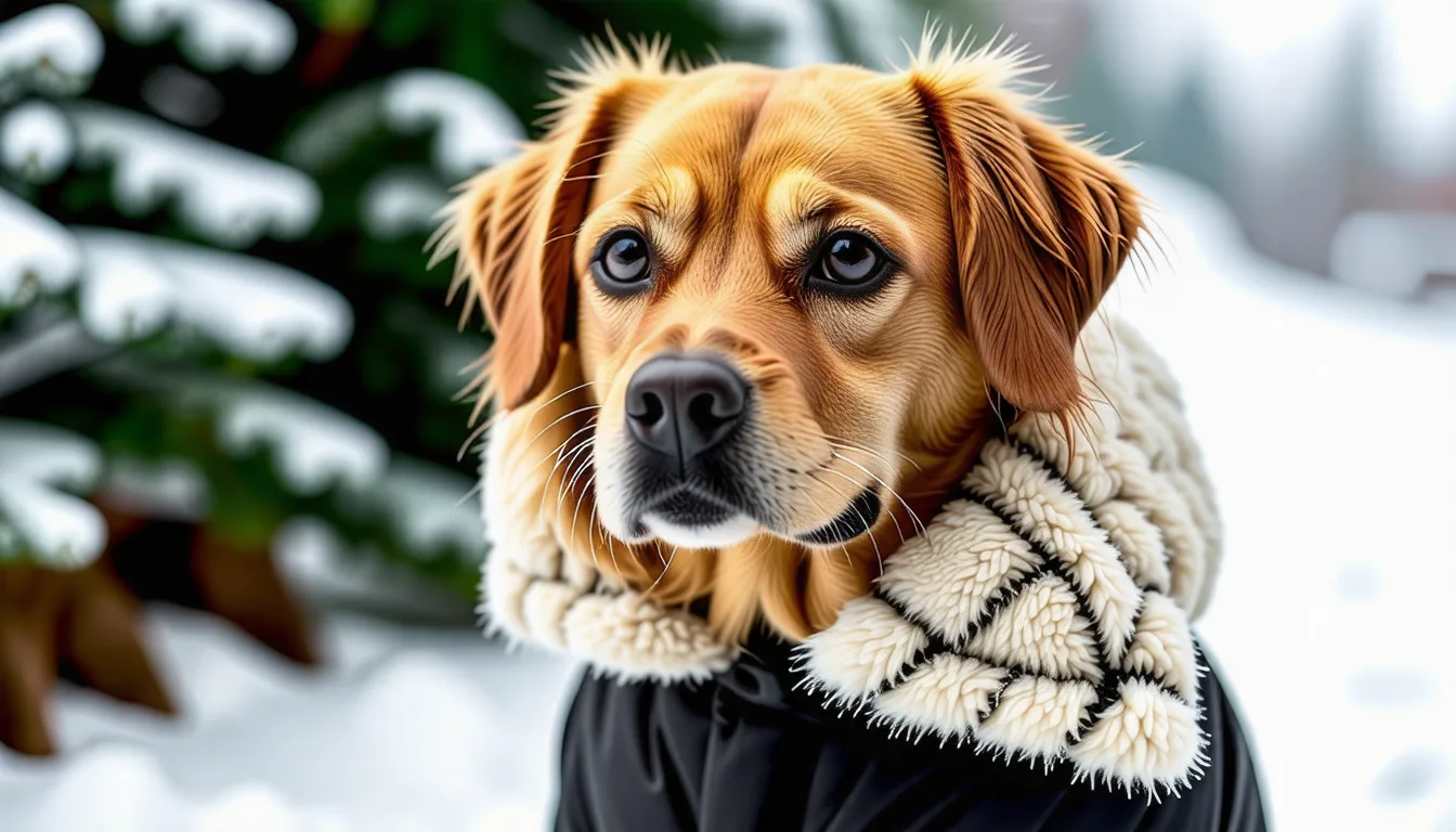 Chien à poil ras portant un manteau matelassé pendant une promenade hivernale enneigée