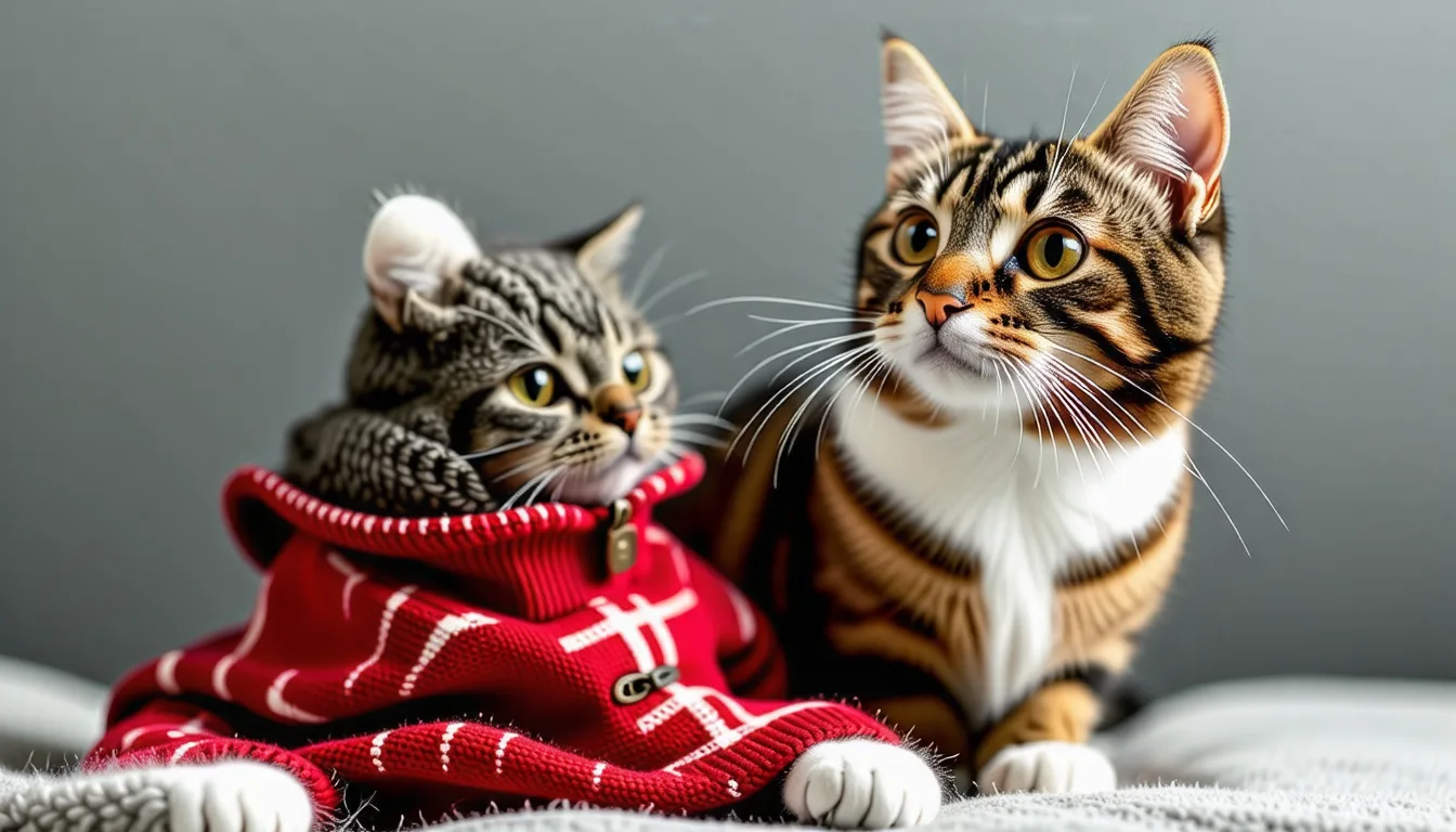 Chat gris portant un petit gilet, assis sur un canapé