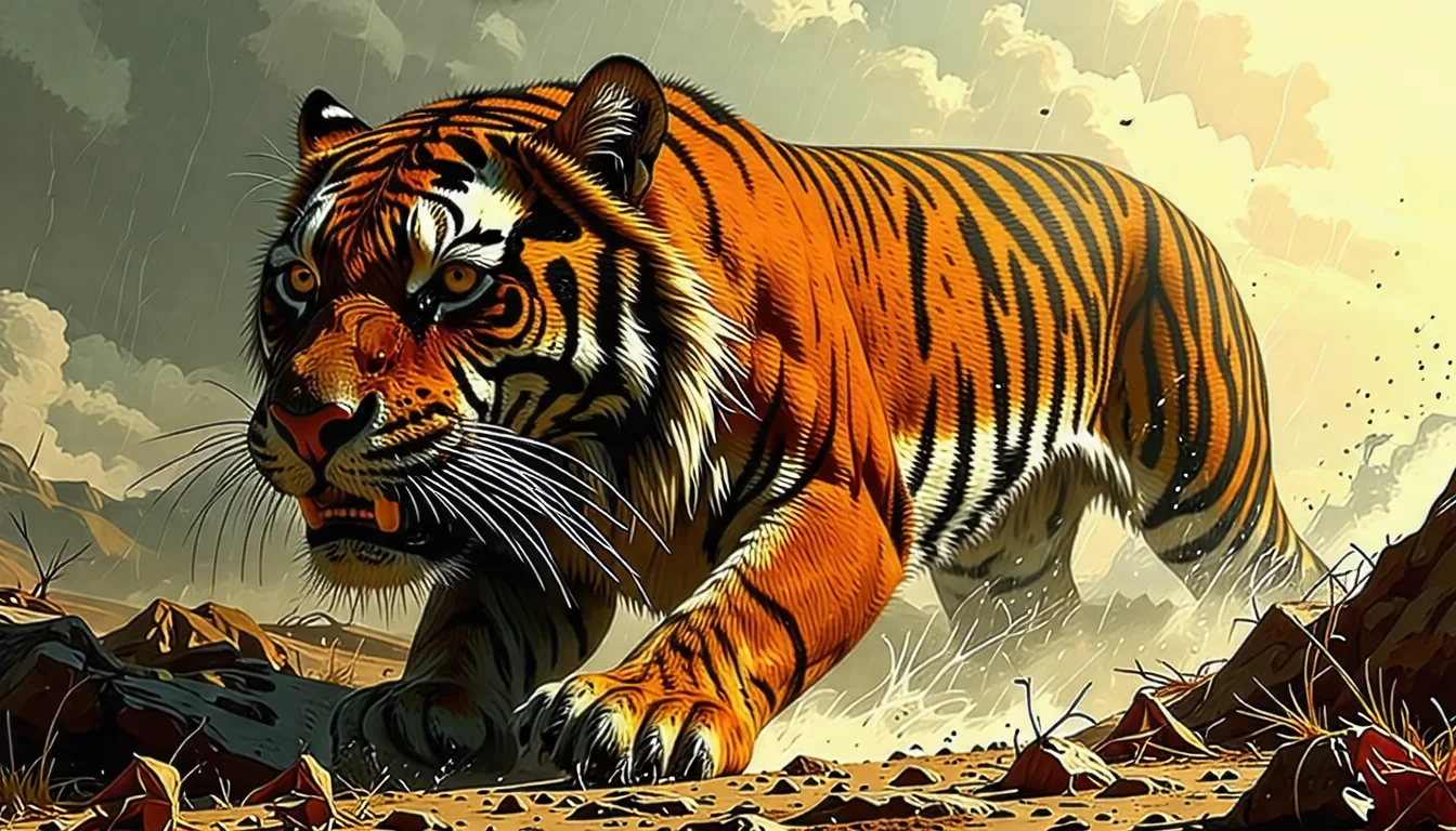 Reconstitution d'un Smilodon aux longues canines dans un paysage du Pléistocène