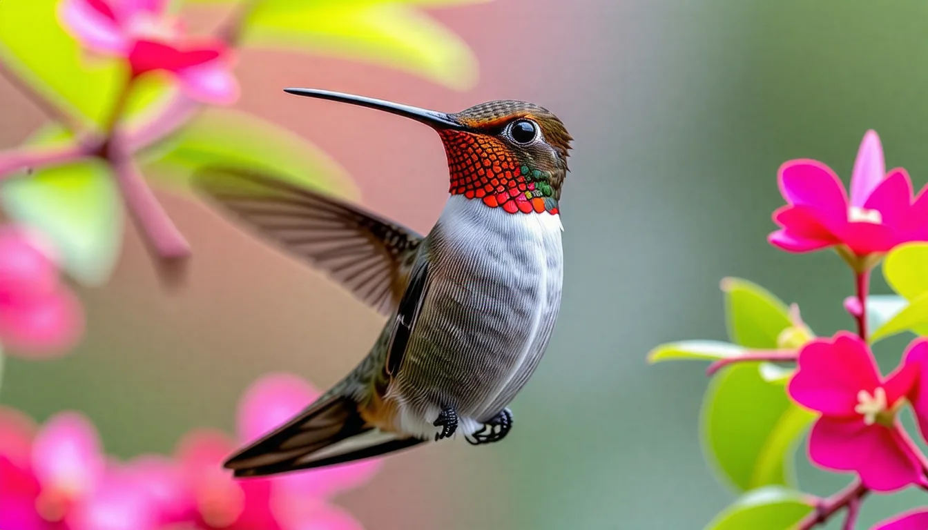 Colibri à gorge rubis en vol stationnaire devant une fleur rouge