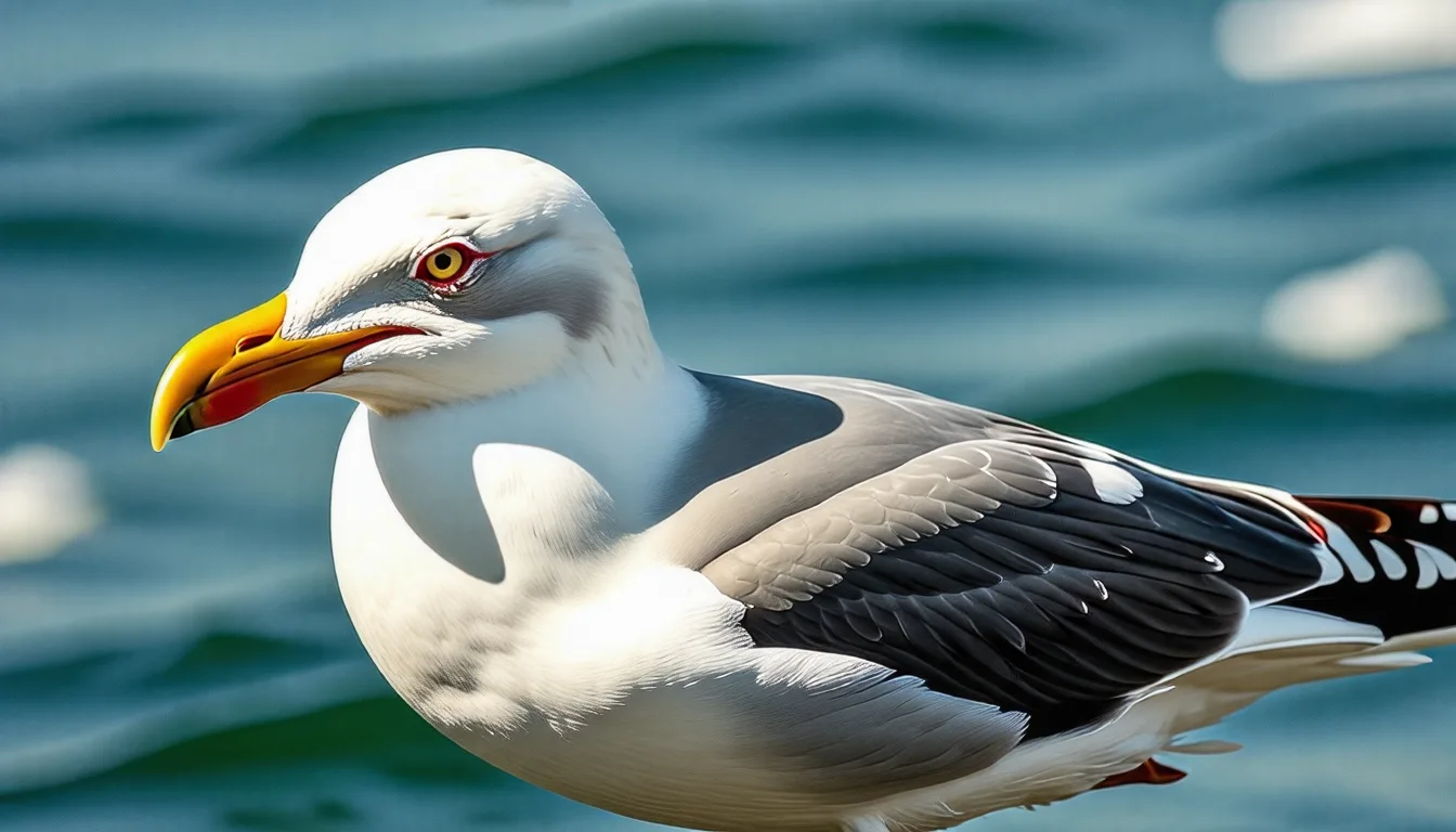 Goéland en vol au ras d'un toit d'immeuble avec un poussin gris sur la gouttière